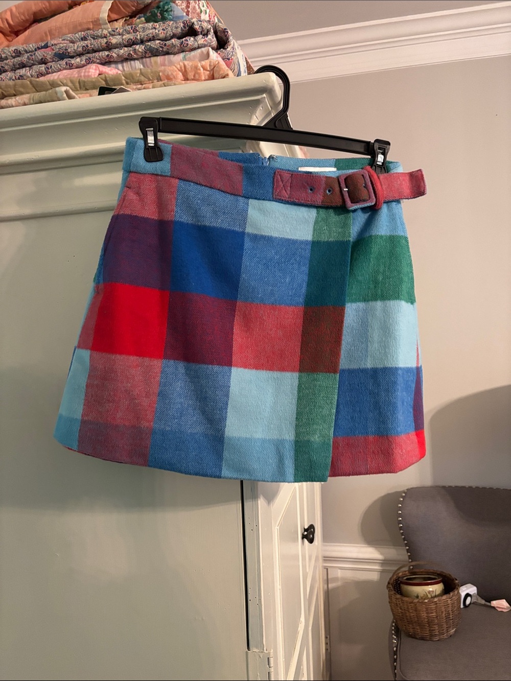 Multicolor Plaid Mini Skirt with Buckle Belt